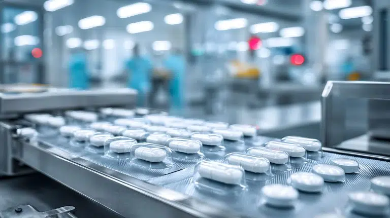 Rows of white pills move along an automated assembly line